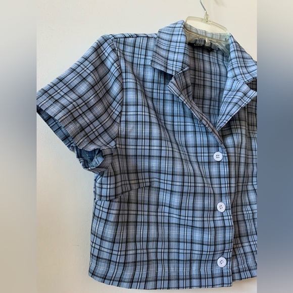 3/$20 Shein Cropped Button Up Shirt Womens Blue Plaid Short Sleeve Collared M - Picture 5 of 8